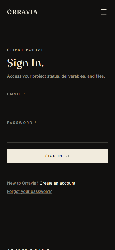 Orravia client sign-in on a phone