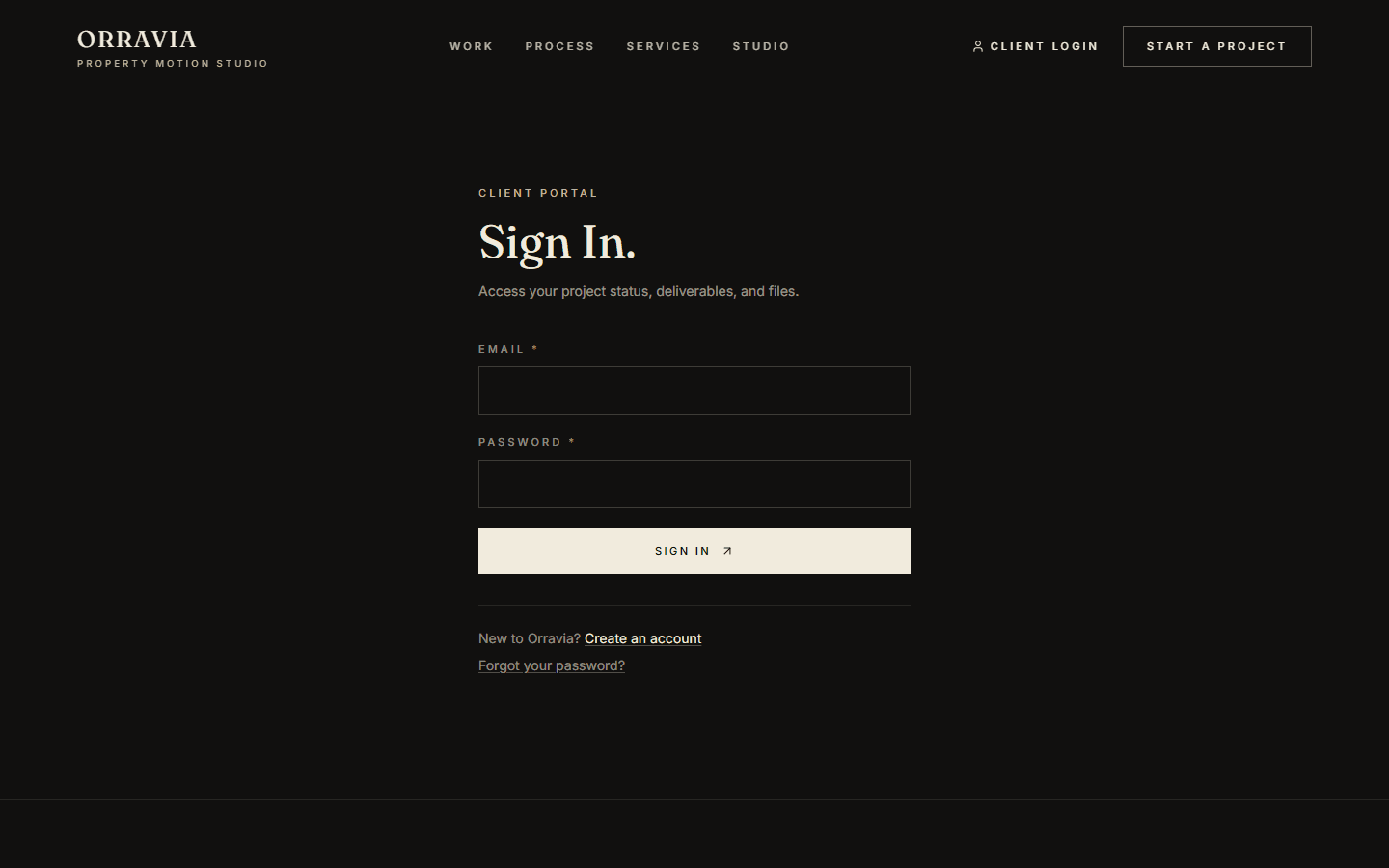 Orravia client portal sign-in page